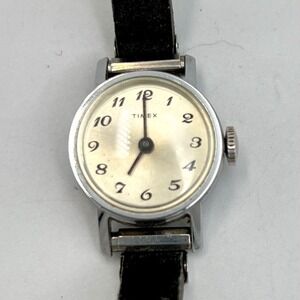 Vtg Timex Watch Women Silver‎ Tone White Dial Leather Band Manual Wind